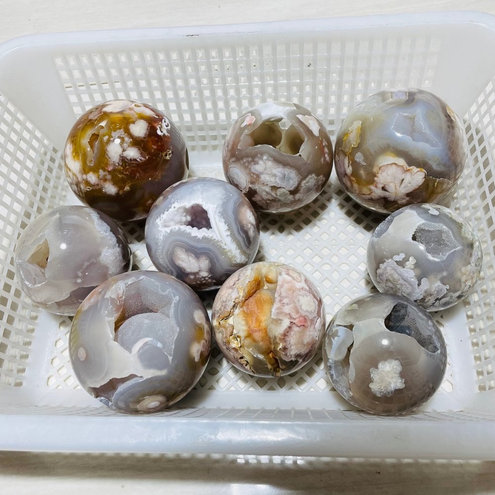 9 Pieces High Quality Sakura Agate Geode Spheres -Wholesale Crystals