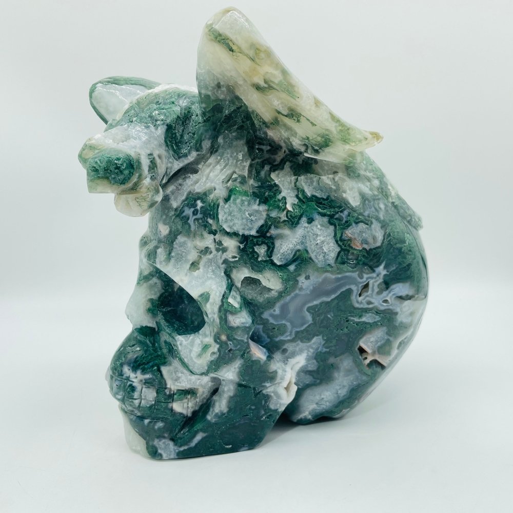 Large Moss Agate Flying Dragon Standing On Skull Carving -Wholesale Crystals