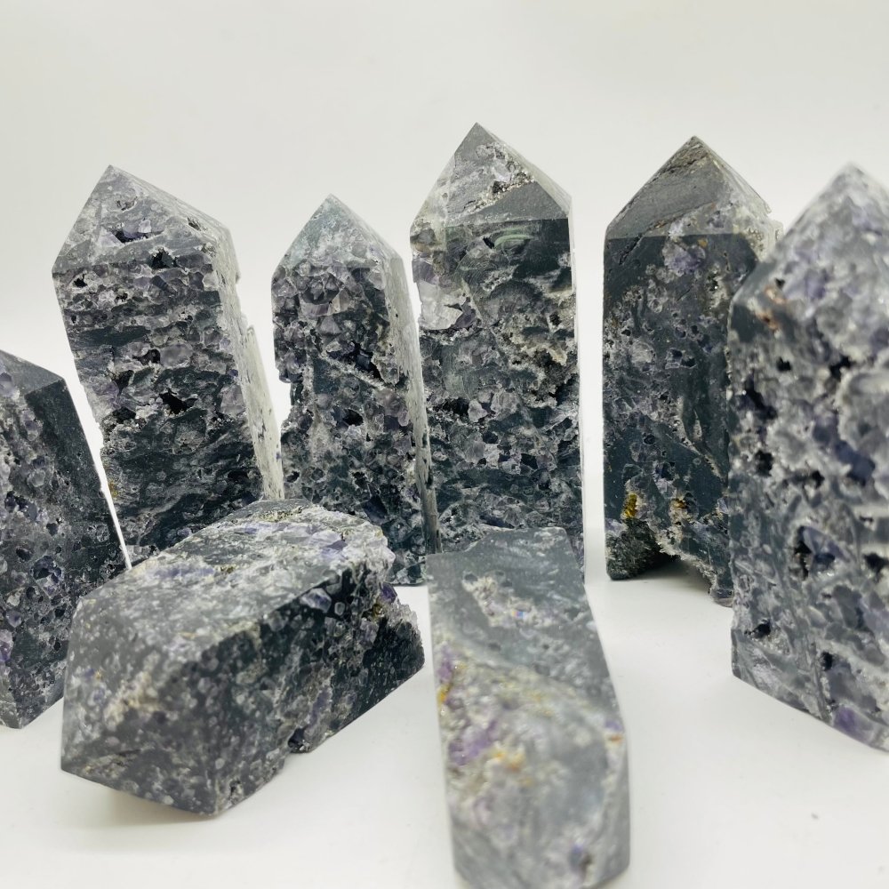 Black Sphalerite Geode Quartz Mixed Purple Fluorite Four-Sided Tower Point Wholesale -Wholesale Crystals