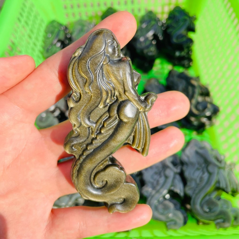 Gold&Silver Sheen Obsidian Mermaid Carving Wholesale -Wholesale Crystals