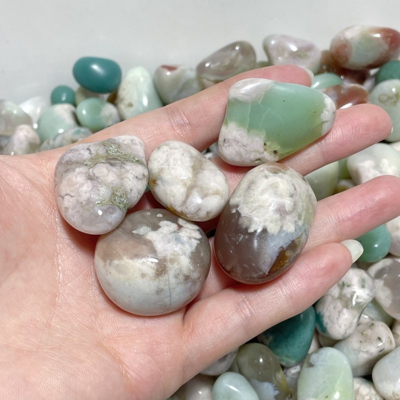 0.7 - 1.3in Green/White Flower Agate Tumbled Sakura Agate Wholesale - Wholesale Crystals