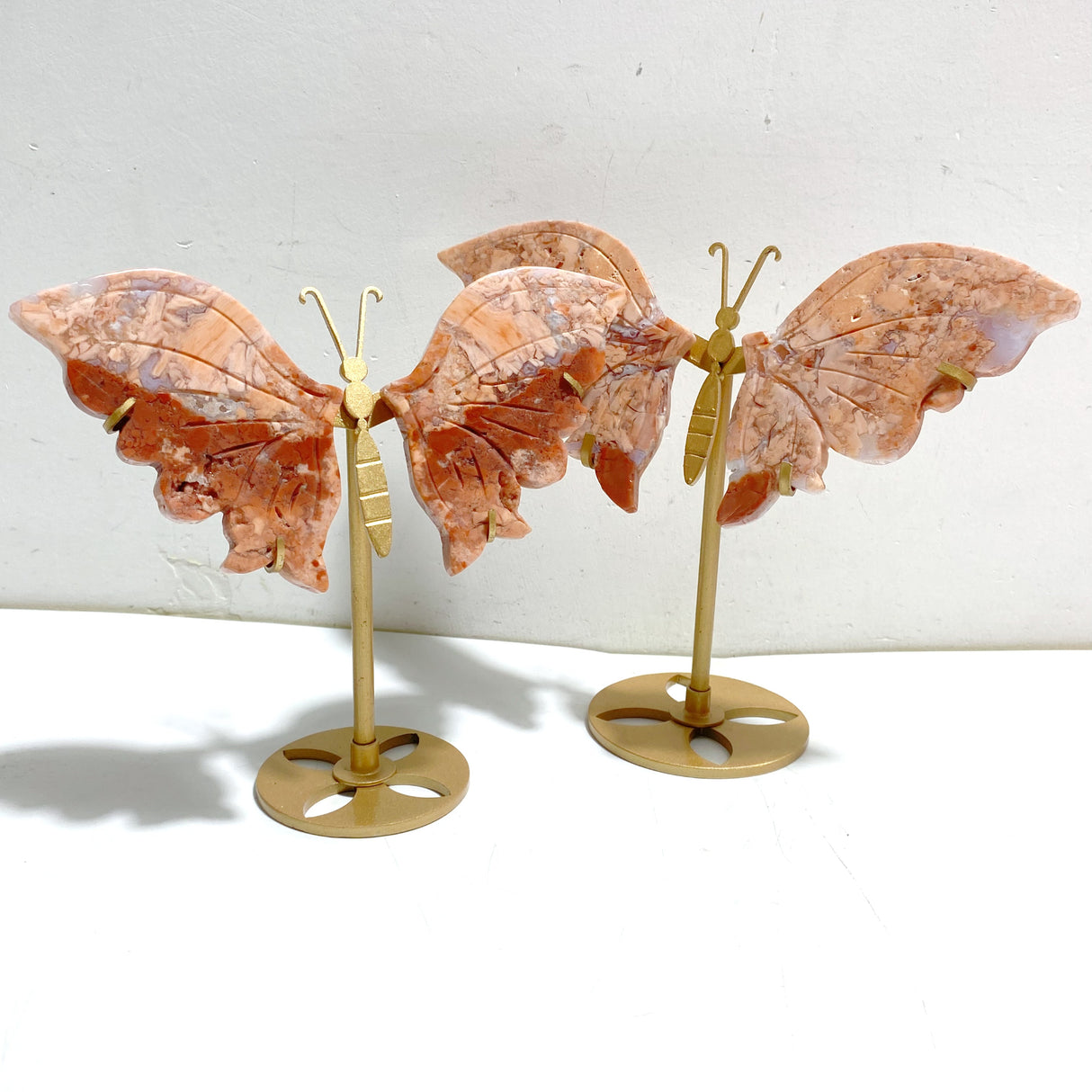6 Pairs Pink Agate Butterfly Wing Carving With Stand