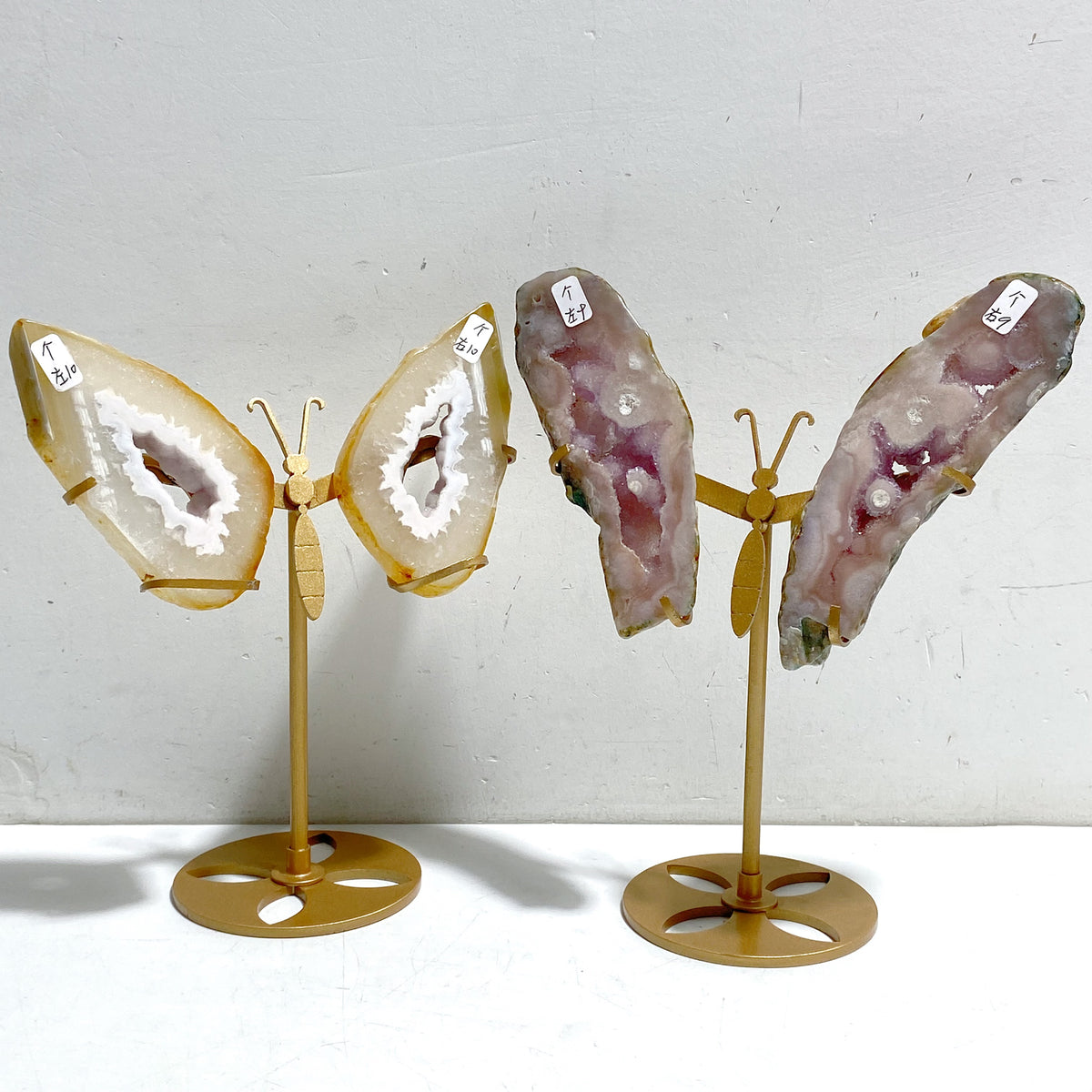 2 Pairs Geode Druzy Pink Amethyst Slab Butterfly Wing Carving With Stand #4