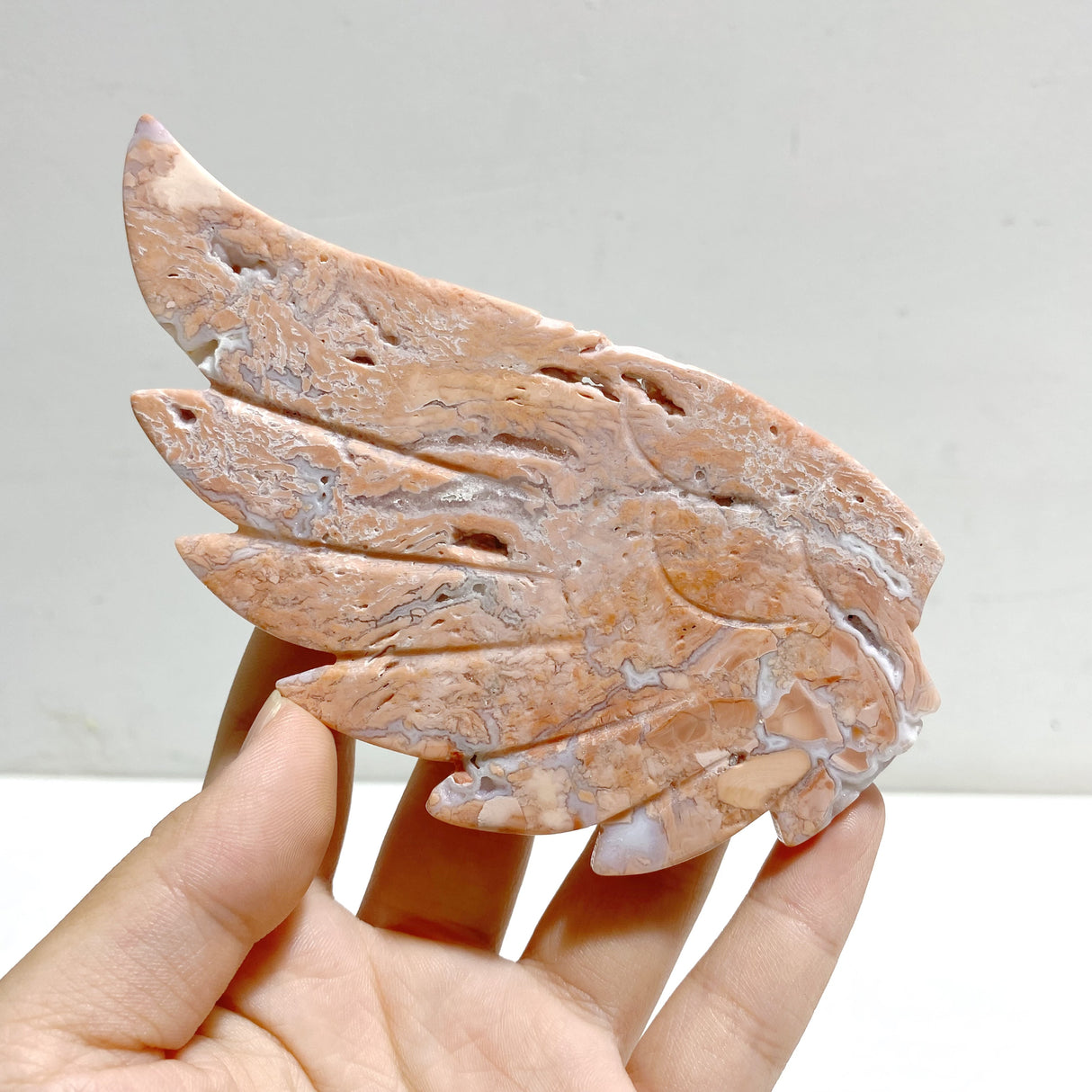 Unique Pink Agate Heart Wing Carving With Stand
