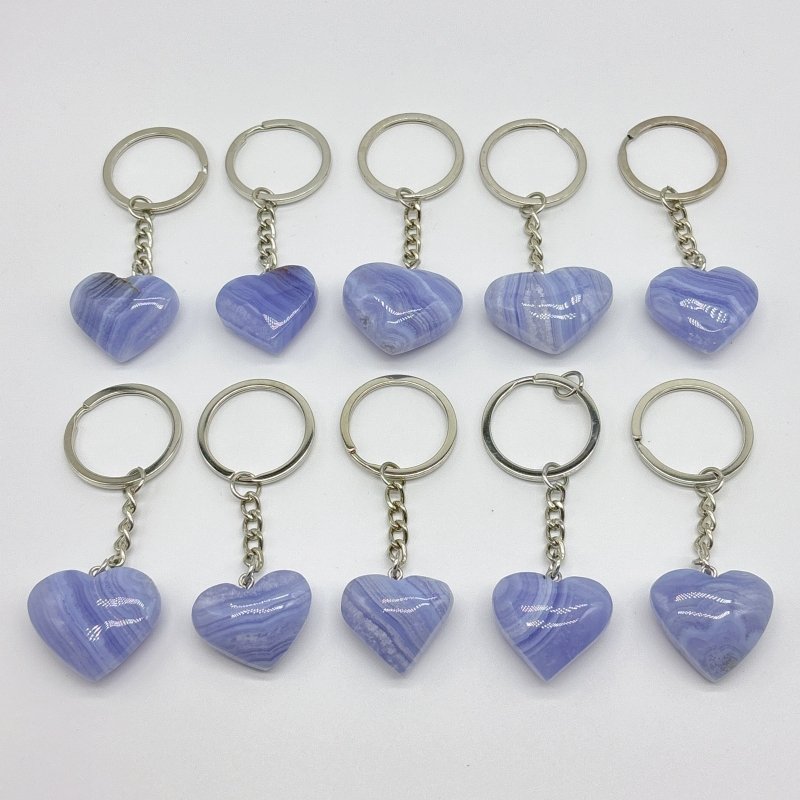 10 Pieces Blue Lace Agate Heart Keychain - Wholesale Crystals