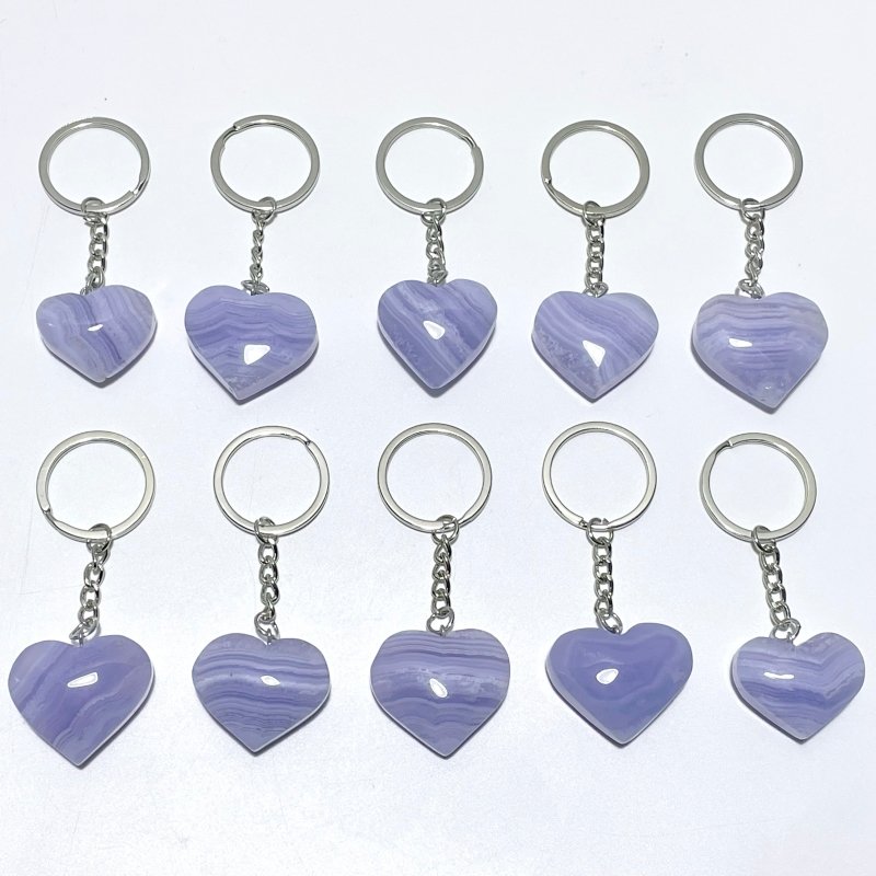 10 Pieces Blue Lace Agate Heart Keychain - Wholesale Crystals