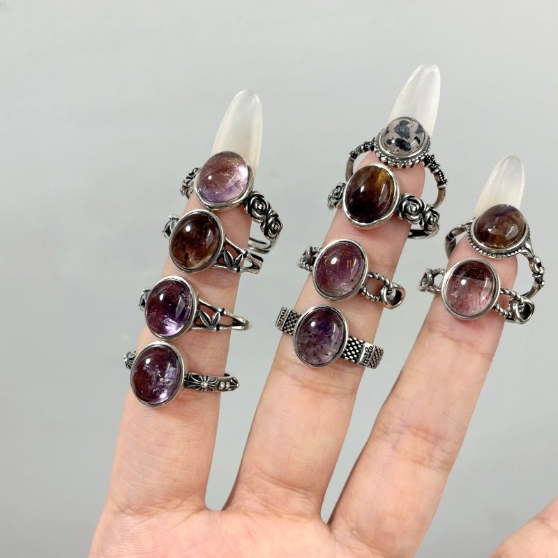 10 Pieces Cacoxenite Super7 Amethyst Sterling Silver Different Styles Ring - Wholesale Crystals