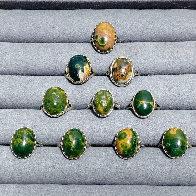 10 Pieces Different Styles S925 Sterling Silver 8th Vein Ocean Jasper Ring - Wholesale Crystals