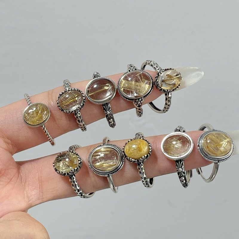 10 Pieces Gold Rutile Quartz Different Styles Sterling Silver Ring - Wholesale Crystals