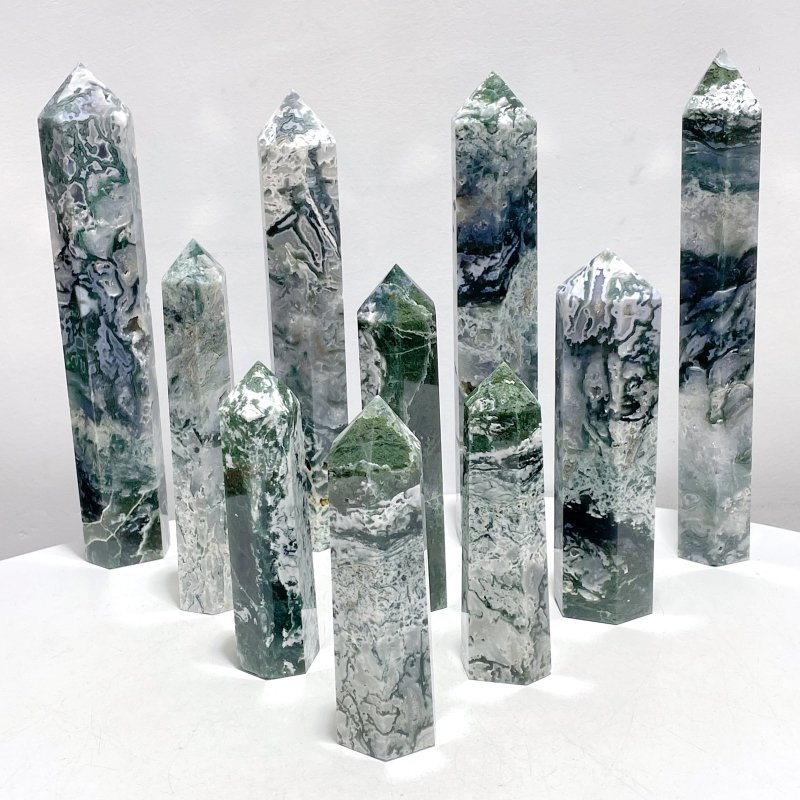 10 Pieces Moss Agate Tower Points Mixed Size Closeout(5.6 - 10.5in) - Wholesale Crystals