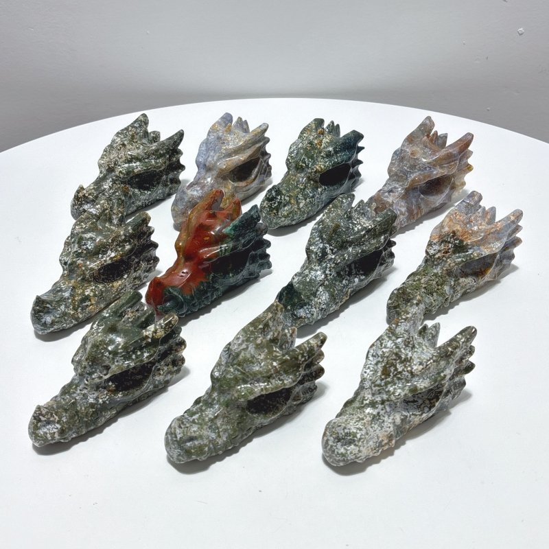 11 Pieces Large Colorful Moss Agate Dragon Head Carving - Wholesale Crystals