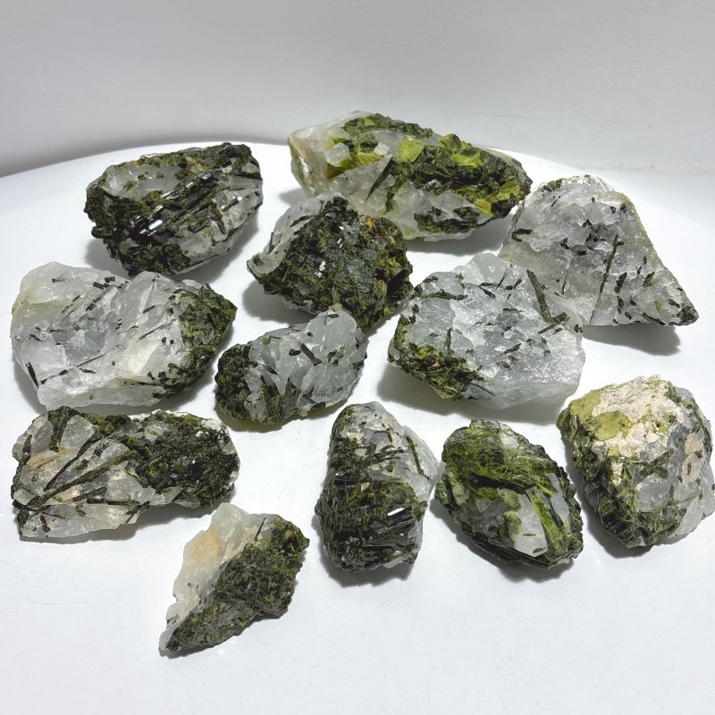 12 Pieces Raw Green Tourmaline In Clear Quartz Specimen - Wholesale Crystals