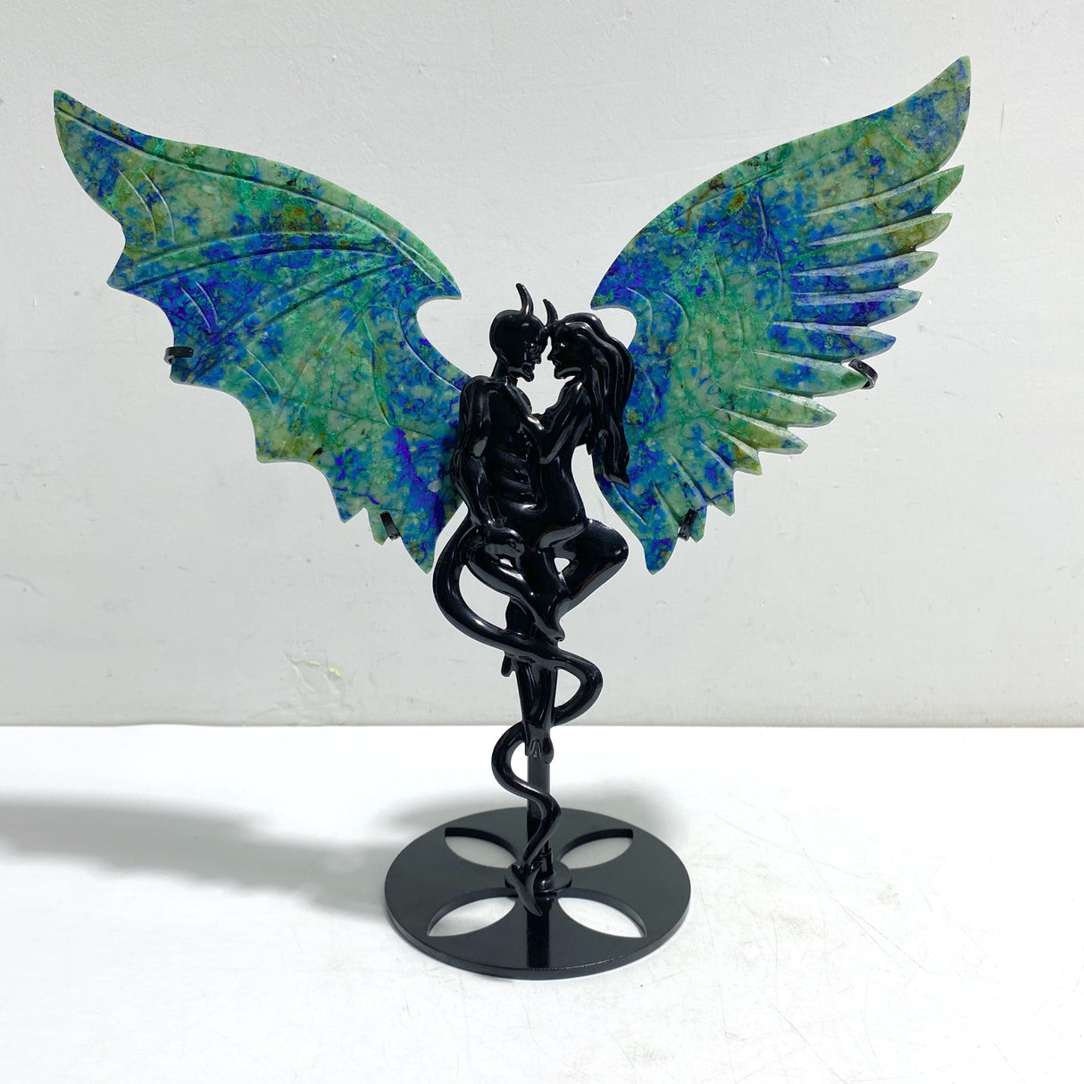 Phoenix Pine Stone Demon And Angel Wing Carving With Stand