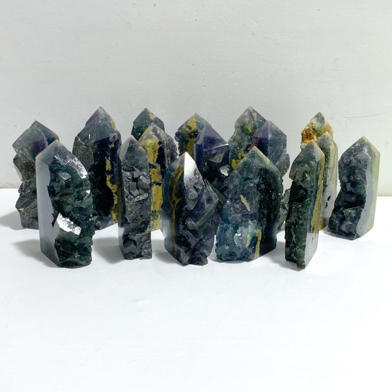 17 Pieces Blue Fluorite Mixed Pyrite Raw Side Tower Point -Wholesale Crystals