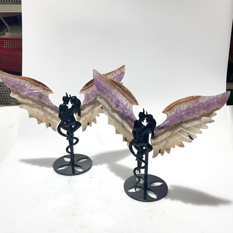 2 Pairs Amethyst Mixed Striped Agate Demon And Angel Wing Carving With Stand - Wholesale Crystals