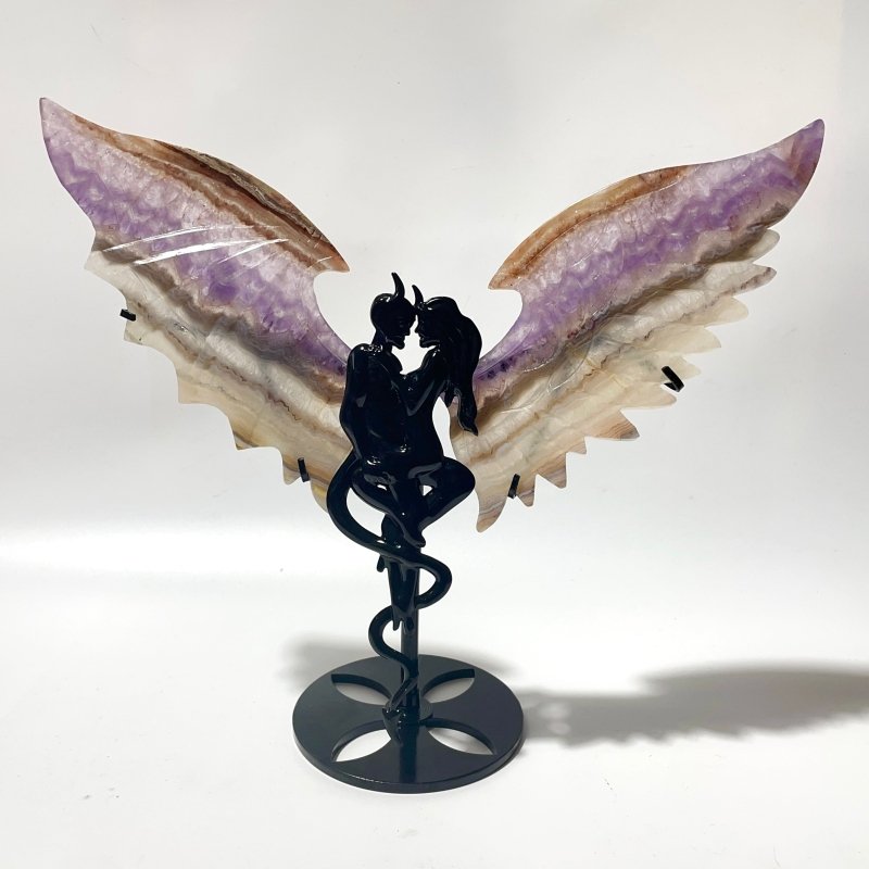 2 Pairs Amethyst Mixed Striped Agate Demon And Angel Wing Carving With Stand - Wholesale Crystals