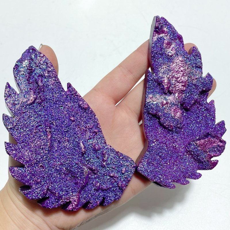 2 Pairs Aura Quartz Cluster Angel Wing Carving With Stand - Wholesale Crystals