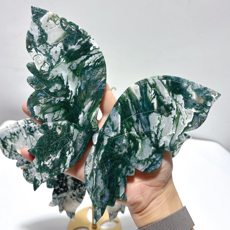 2 Pairs Beautiful Moss Agate Butterfly Wing With Stand - Wholesale Crystals