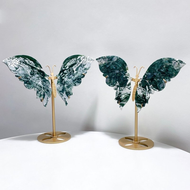 2 Pairs Beautiful Moss Agate Butterfly Wing With Stand - Wholesale Crystals