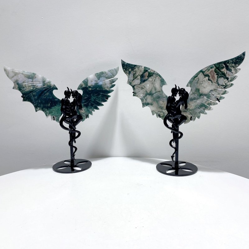 2 Pairs Beautiful Moss Agate Demon And Angel Wing Carving With Stand - Wholesale Crystals