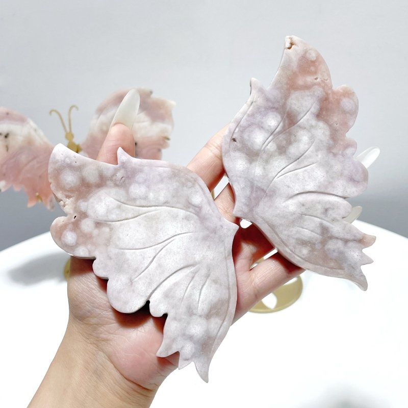 2 Pairs Beautiful Pink Sakura Agate Butterfly Wing Carving With Stand - Wholesale Crystals