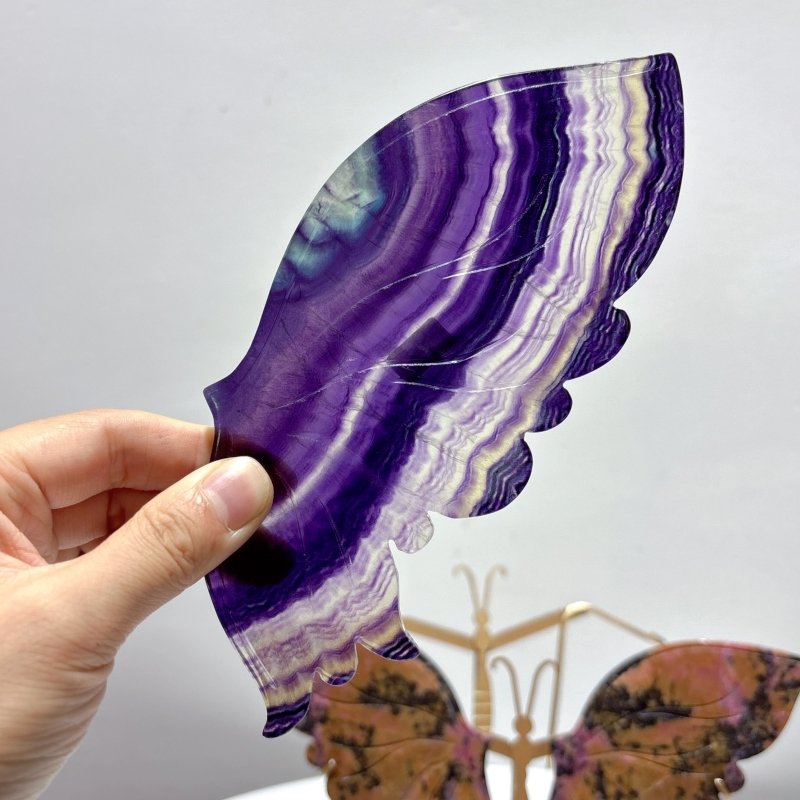 2 Pairs Butterfly Wing Carving With Stand Rhodonite Fluorite - Wholesale Crystals