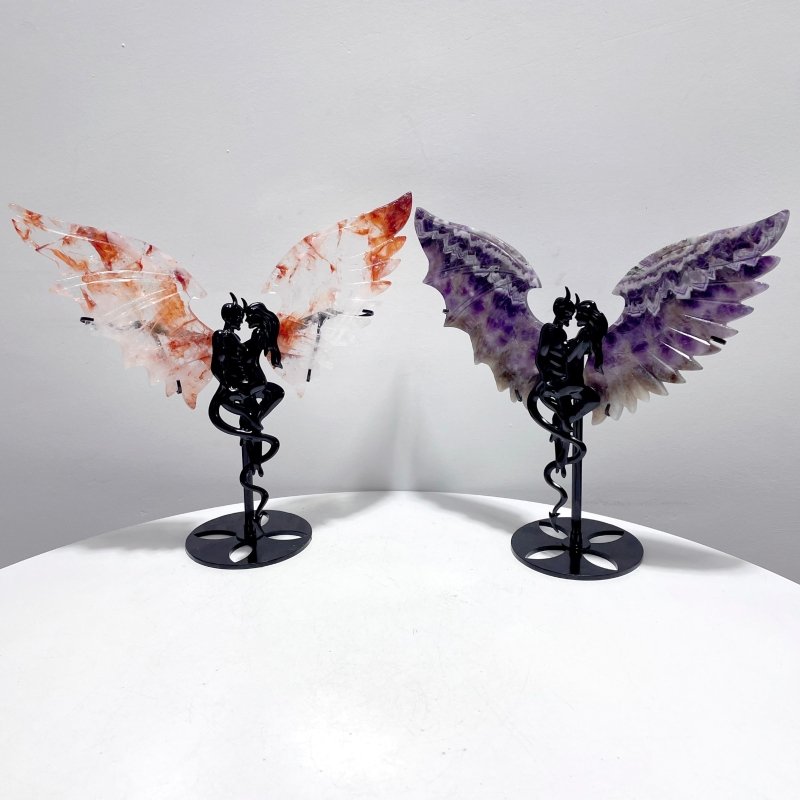 2 Pairs Demon and Angel Wing Carving With Stand Fire Quartz - Wholesale Crystals