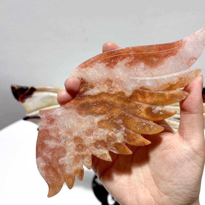 2 Pairs Demon And Angel Wing Carving With Stand Pink Flower Agate Mookaite - Wholesale Crystals