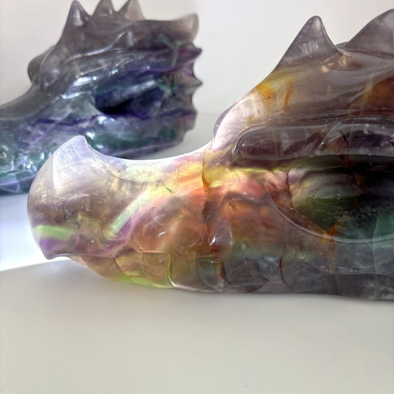 2 Pieces 10.5in Large Colorful Fluorite Dragon Head Carving - Wholesale Crystals