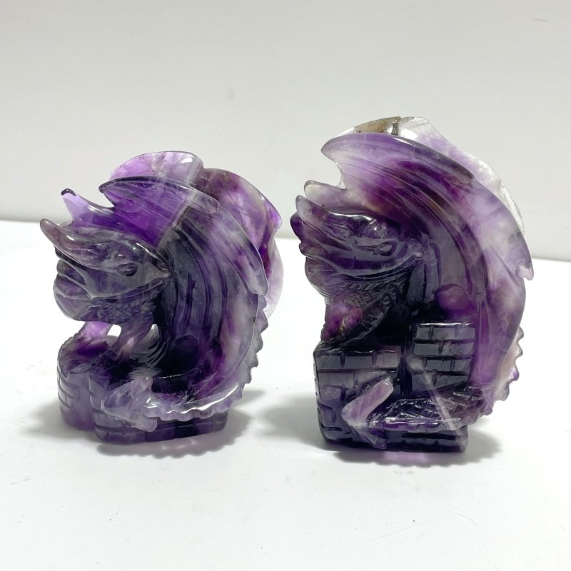 2 Pieces Beautiful Chevron Amethyst Dragon Castle Carving - Wholesale Crystals