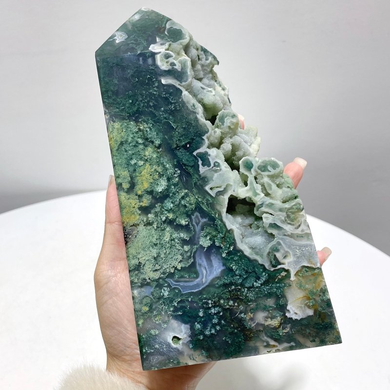 2 Pieces Large Druzy Moss Agate Geode Rough - Sided Tower - Wholesale Crystals