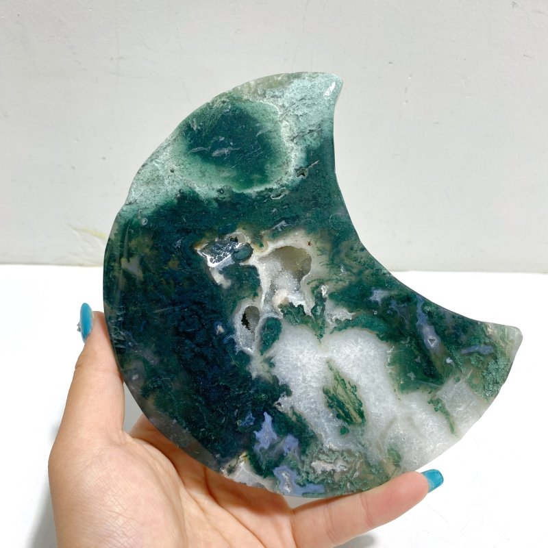 2 Pieces Large Moss Agate Moon Carving With Stand - Wholesale Crystals