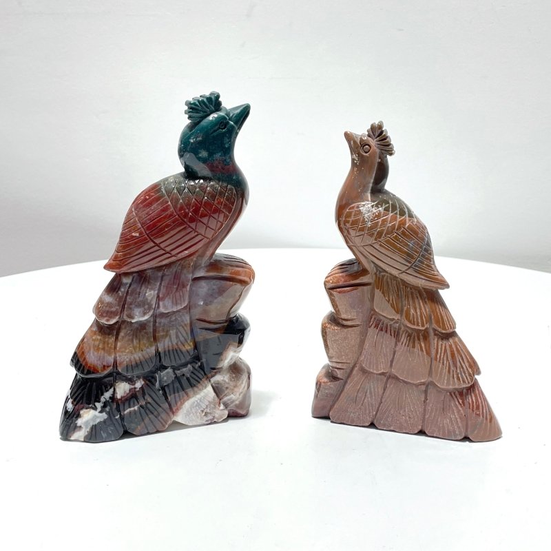 2 Pieces Ocean Jasper Peacock Peafowl Carving - Wholesale Crystals