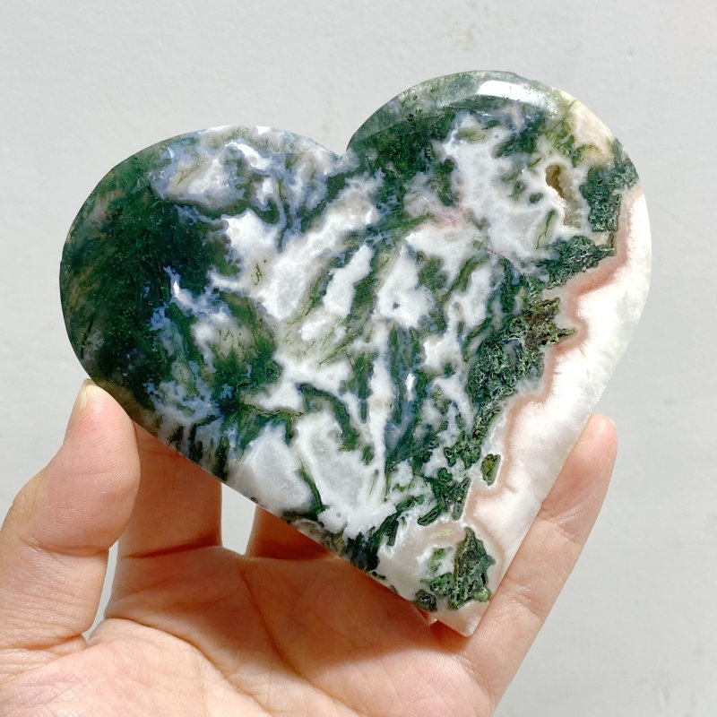 20 Pieces Large Geode Green & Pink Moss Agate Heart -Wholesale Crystals