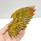 Yellow Ocean Jasper Demon And Angel Wing Carving With Stand
