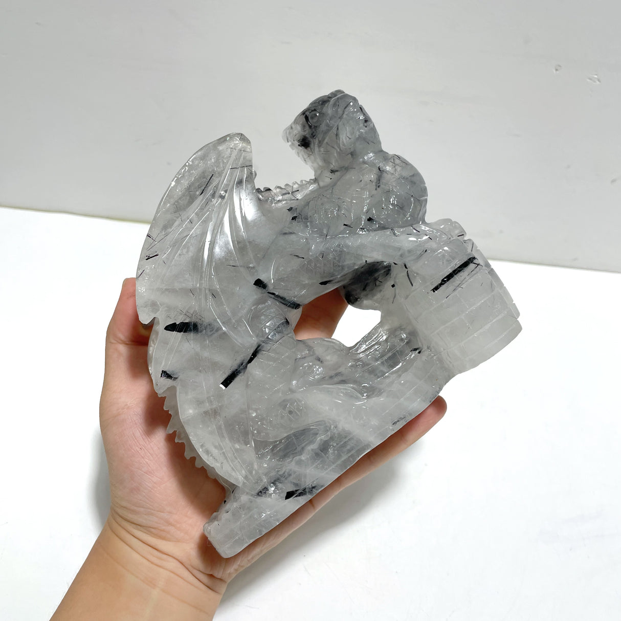 Unique Black Tourmaline Flying Dragon Castle Carving