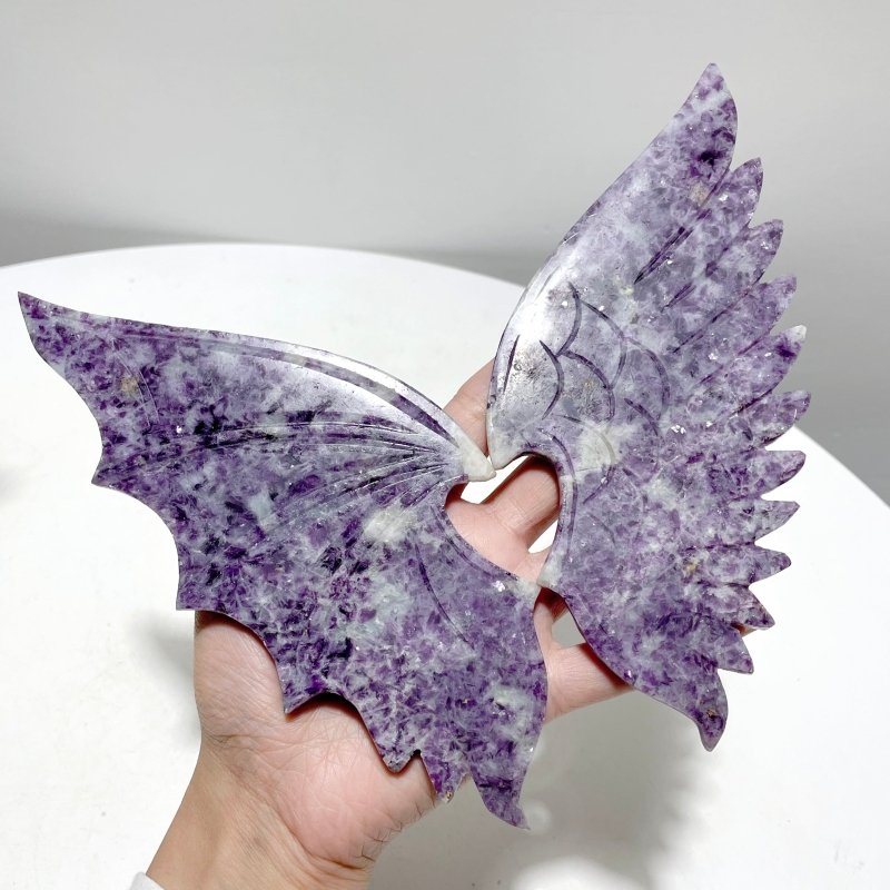 3 Pairs Demon And Angel Wing Carving With Stand Lepidolite Pyrite Crazy Agate - Wholesale Crystals