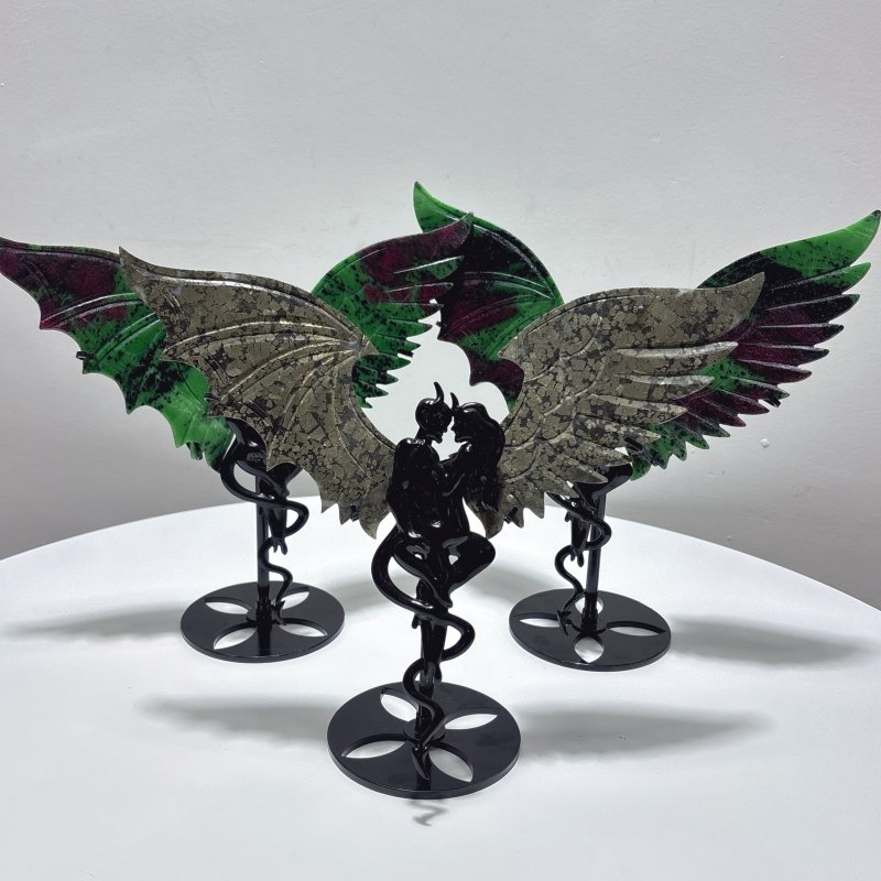 3 Pairs Demon and Angel Wing Carving With Stand Ruby Zoisite Pyrite - Wholesale Crystals
