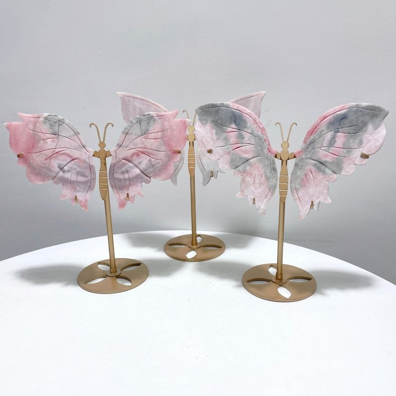 3 Pairs Pink Opal Butterfly Wing Carving With Stand - Wholesale Crystals