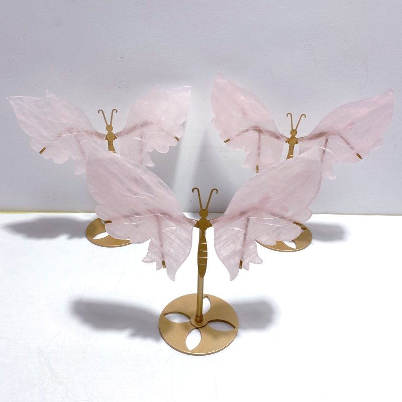 3 Pairs Rose Quartz Butterfly Wing Carving With Stand - Wholesale Crystals