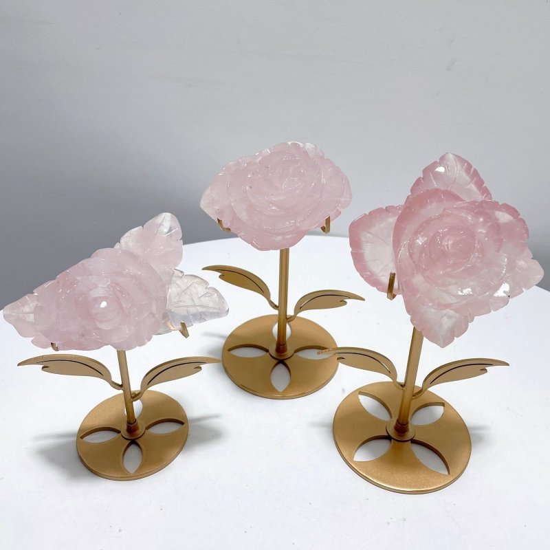 3 Pairs Rose Quartz Flower Carving With Stand - Wholesale Crystals