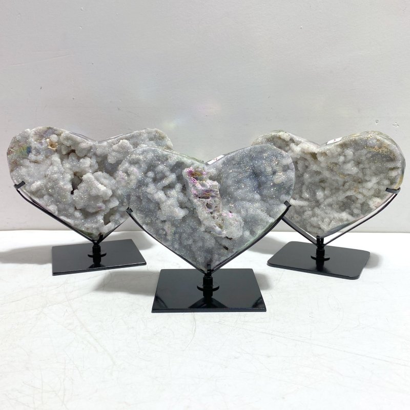 3 Pieces Aura Quartz Cluster Heart With Stand 4 - Wholesale Crystals