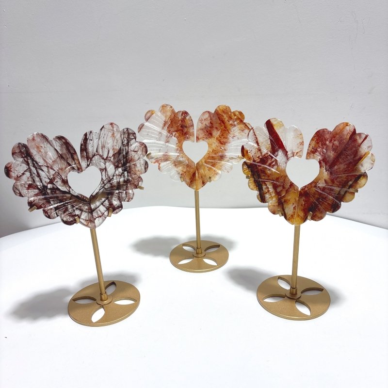 3 Pieces Beautiful Fire Quartz Heart Wing Carving With Stand - Wholesale Crystals