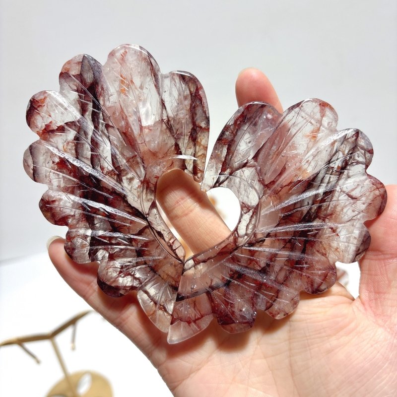 3 Pieces Beautiful Fire Quartz Heart Wing Carving With Stand - Wholesale Crystals