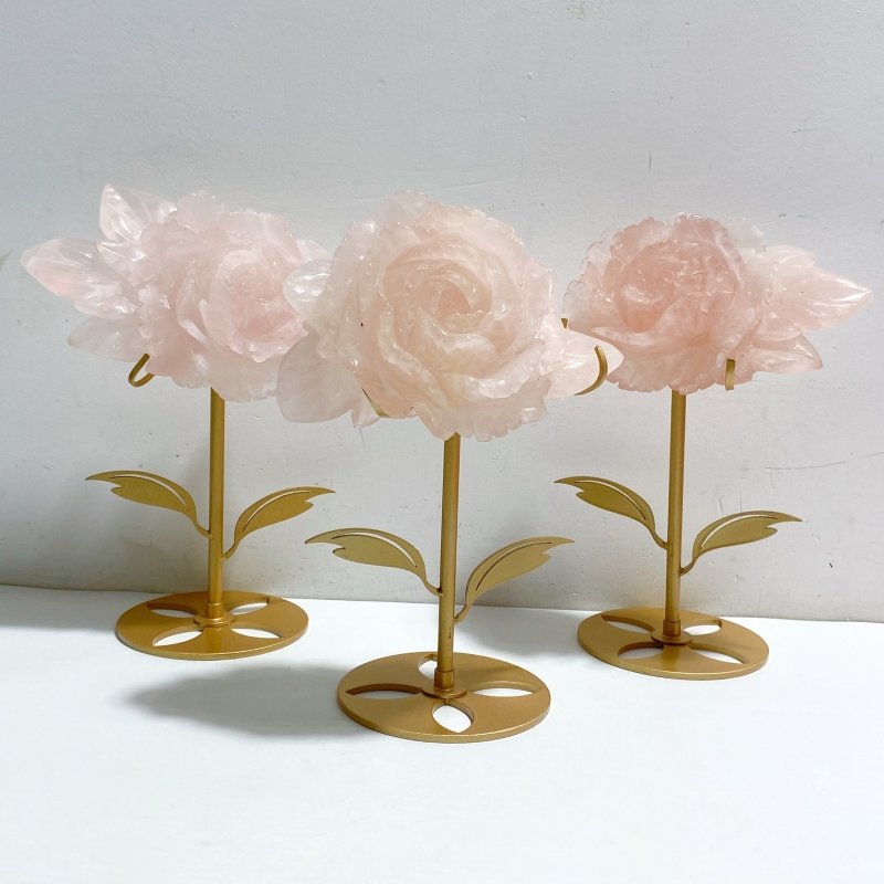 3 Pieces Beautiful Rose Quartz Flower Carving With Stand -Wholesale Crystals