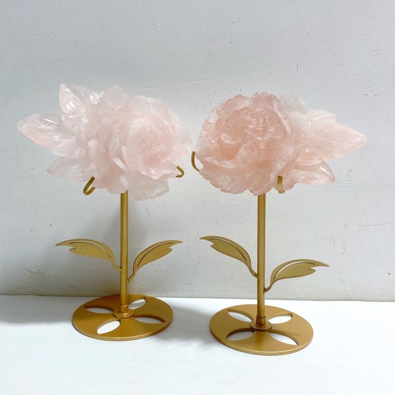 3 Pieces Beautiful Rose Quartz Flower Carving With Stand -Wholesale Crystals