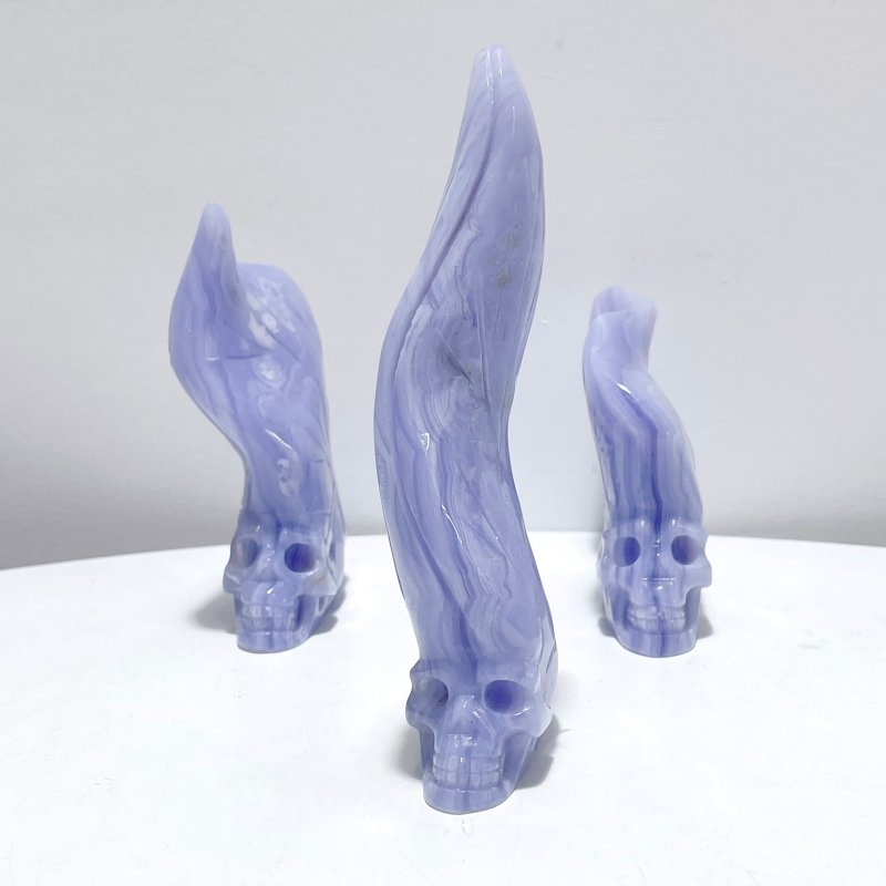 3 Pieces Blue Lace Agate Skull Carving - Wholesale Crystals