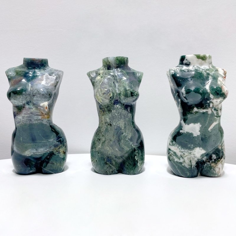 3 Pieces Large Moss Agate Goddess Carving - Wholesale Crystals