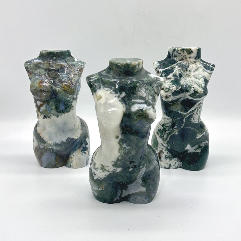 3 Pieces Large Moss Agate Goddess Carving - Wholesale Crystals