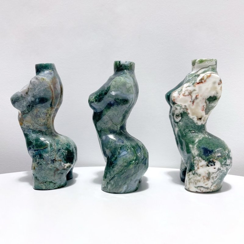 3 Pieces Large Moss Agate Goddess Carving - Wholesale Crystals